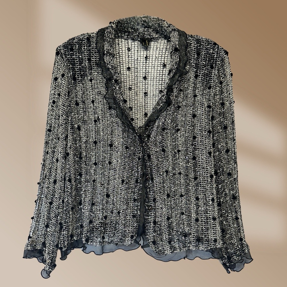 Jackets Galore Ladies Sz L B & W Open Crochet Black Ruffle Detail Ruffle Detail